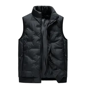 Men's Black Stand Collar Quilted Puffer Vest, Warm Winter Casual Sleeveless Jacket with Zipper Pockets