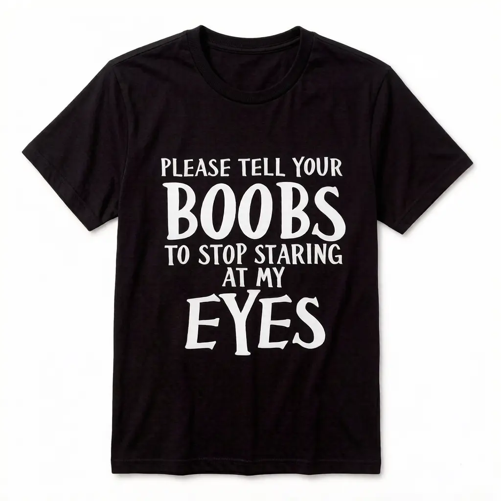Funny Graphic T-Shirt with "Please Tell Your Boobs To Stop Staring At My Eyes" Sarcastic Design - Adult Party Outfit Gift for Men, Women's