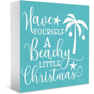 Beach Coastal Christmas Decorations for Home Beach House Coastal Beachy Christmas Decor for Office Indoor Home Room Table Kitchen Bedroom Bathroom Wooden Sign 5x5 inch