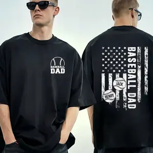 Custom Baseball Dad Name & Flag Double-Sided Cotton T-Shirt, fathers day gift for men Tshirt Round Neck