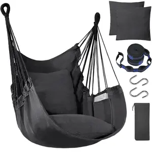 Hanging Hammock Chair, Rope Swing with 2 Cushions, Durable Cotton Hand-Woven, Includes 2 Metal S Hooks, Indoor Outdoor Use, Soft Hammock Seat, Patio Swing Chair