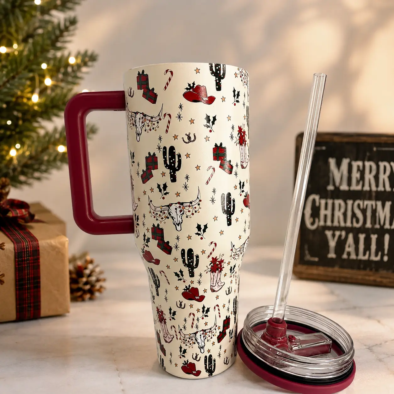 40oz HydroJug Cowgirl Christmas Printed Vacuum Flask - Stylish Insulated Stainless Steel Water Bottle with Handle, Straw, Western Holiday Design, Car Cup Holder-Fit, Cute Gift for Women, Flasks, Water Bottles