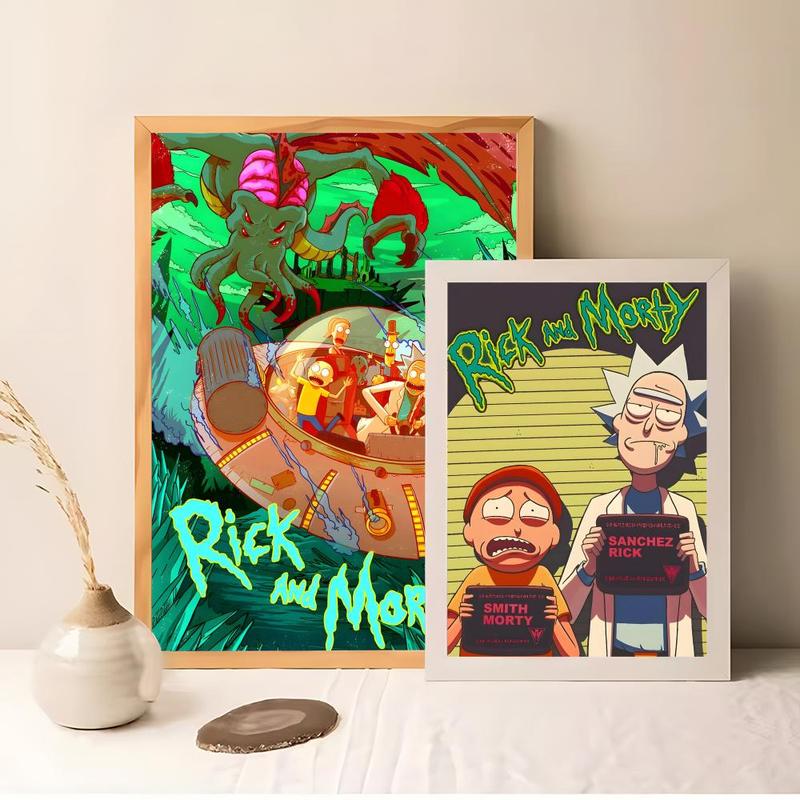 Vintage Cartoon Anime R-Rick And M-Morty Painting Calligraphy Fashion Canvas Wall Art Poster, Modern Aesthetic Waterproof Print, Fade-Resistant & Scratch-Proof Texture, Trendy Home Decor for Living Room Bedroom Office, Multiple Sizes