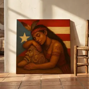 La Taína y Su Cemí Art Print | Puerto Rican Heritage Canvas | Indigenous Boricua Wall Decor