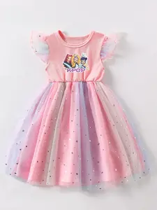 Girls' Short Sleeve Casual Glitter Mesh Graphic Print Dress, Summer Princess Style K-Pop Print, Fitted Knee Length Cap Sleeve, Ages 4-7