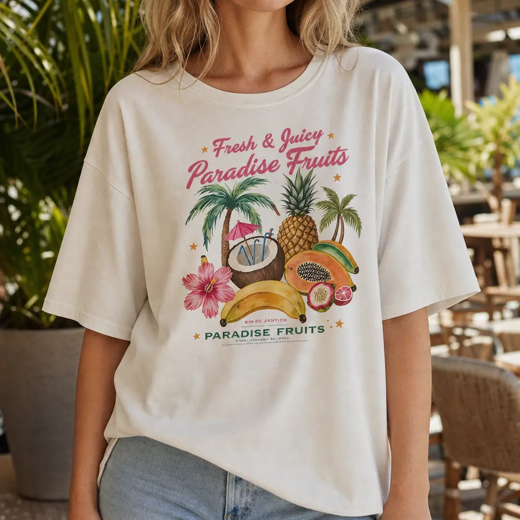 Retro Tropical Vacation Graphic Tee Women Oversized Soft Paradise Fruits Palm Tree Print Summer Top S-5XL Womenswear Baggy