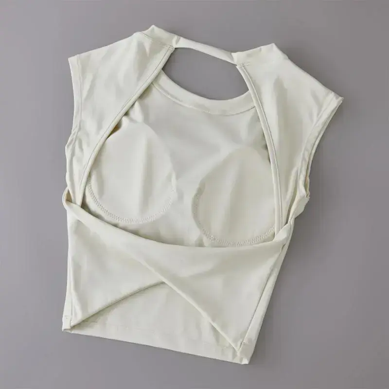 Women's Fixed Chest Pad Yoga Top, Short-Sleeved Backless Sports T-Shirt, Waist-Slimming Fitness Vest for Yoga, Volleyball, Workout Activewear