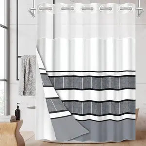 1pc hookless shower curtain with buckle lining, black and white striped geometric patchwork design, 2D flat printing, fabric waterproof lining, see-through double-layer shower curtain, 71 x 74 inches, modern home draping curtain, Shower Curtain Liner