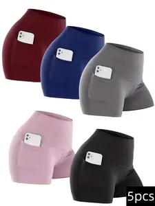 5-Pack Women's High-Waisted Shorts with Pockets – Tummy Control, Breathable & Opaque Quick-Dry Fabric for Running, Cycling & Workout,Fitness yoga running training shorts, summer sports shorts, women's outdoor sports pants