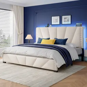 Raybee Upholstered LED Bed Frame for Queen King Full Bed frame with Storage Headboard & Charging Station, No Mattress, Velvet Platform Bed Frames, Holds 881lbs, No Box Spring Needed, Noise Free, Bedroom Furniture
