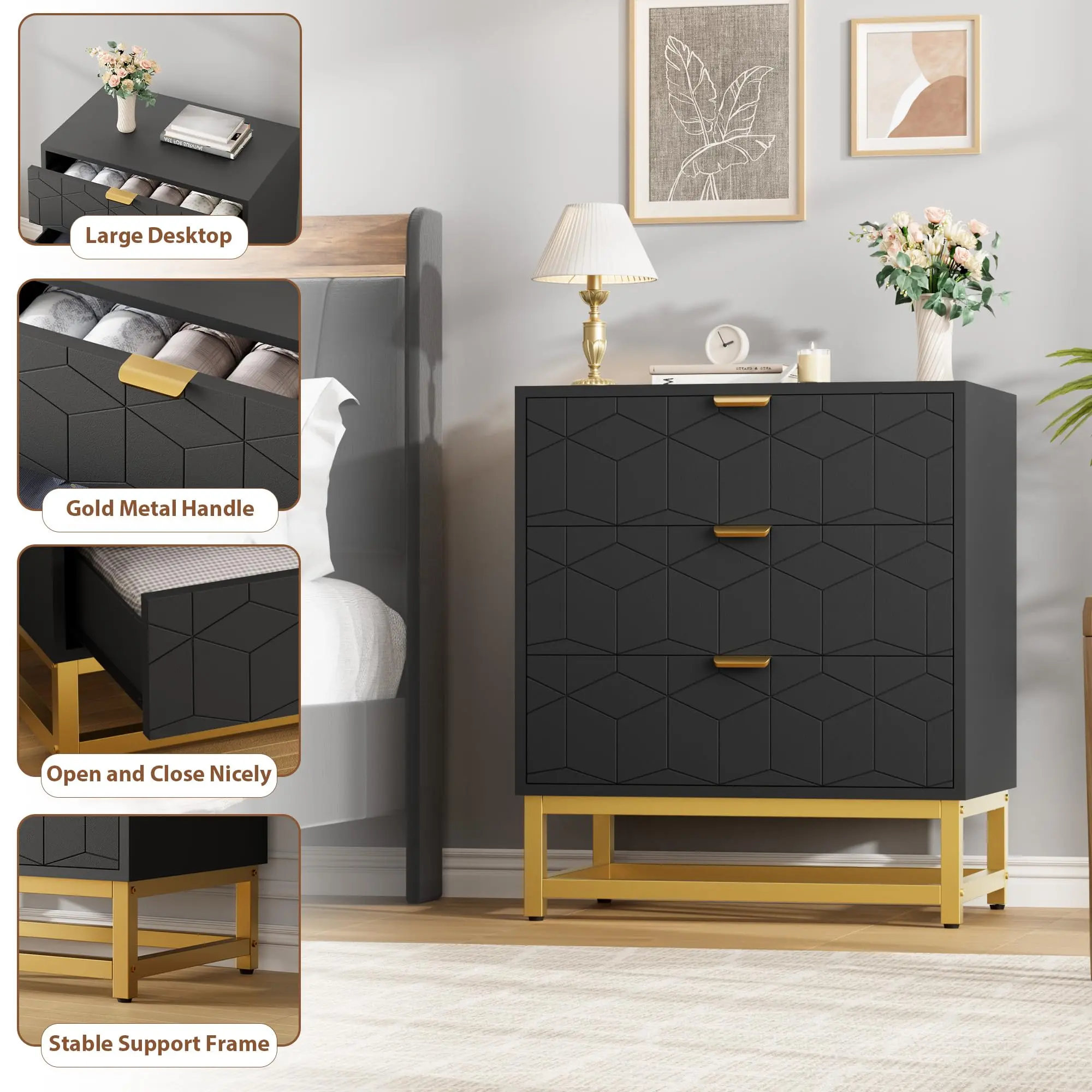 Garvee Black Dresser for Bedroom, 3 Drawer Dresser with Metal Legs, Wood Dressers  Chest Organizer with Wide Storage, Modern Chest of Drawers for Bedroom,  Living Room, Hallway - TikTok Shop