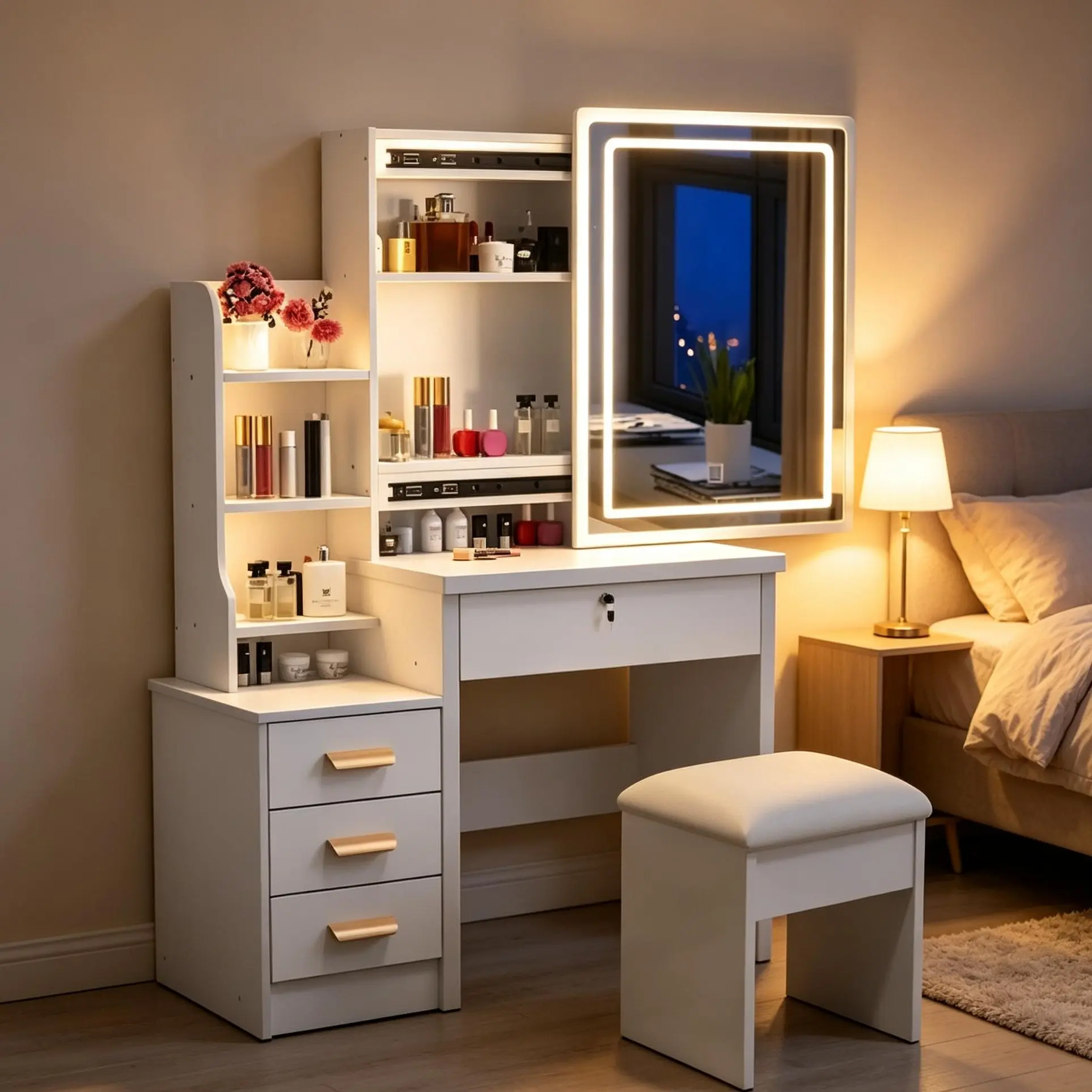 Flip-Up Vanity Desk with Lighted Mirror & Lockable Drawer – Space Saving Makeup Table with 3 Side Drawers, Open Shelves & Stool. Modern White Dressing Table for Small Bedrooms & Apartments