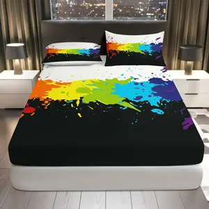 3Pcs Colorful Splash Art Fitted Sheet Three Piece Set (1*Fitted Sheet+2*Pillowcases, Coreless), Artistic theme, Modern Bedroom Decor, Mattress protector Soft, Breathable