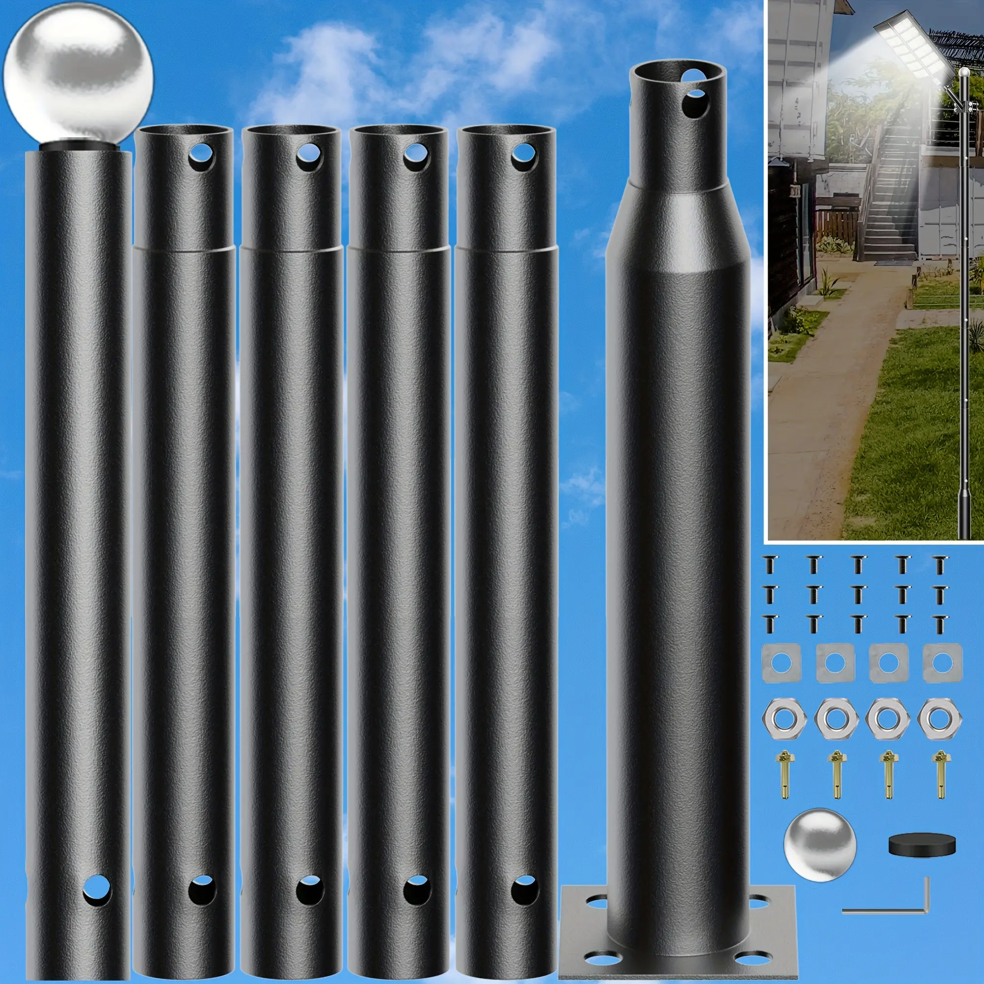 Thick Steel Ground-Mount Outdoor Solar Light Pole (Dual Sizes:17ft/20ft) - Segmented, IP44 Waterproof, Wind-Resistant, Dual-Use, Full Kit with Installation Expansion Screws for Porches, Parks