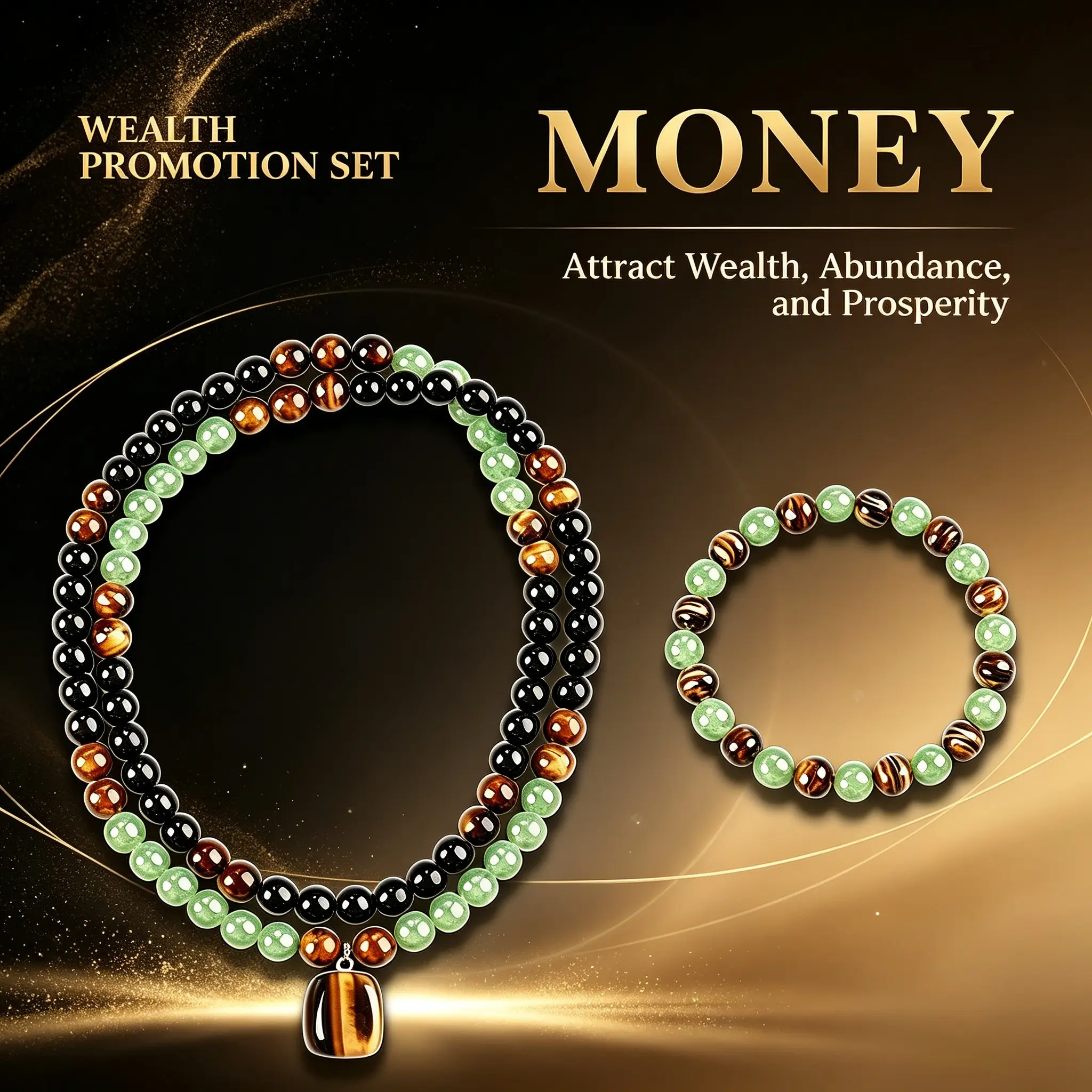 Layered Jewelry Set for Women, Gold-Tone Crystal Beaded Long Chain Necklaces & Money Bracelet with Abundance Protection Charms, Anniversary Gift, Wealth Charms, Crystals Beads, Abundance Jewelry Set, Wealth-Attracting Protection Charms