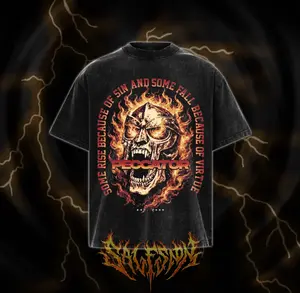 Vintage Acid Wash Peccator Flaming Skull Streetwear Graphic Oversized T-Shirt, Muscle Tank Top & Crewneck Sweatshirt - Aesthetic Goth Punk Harajuku Heavyweight Cotton Tee