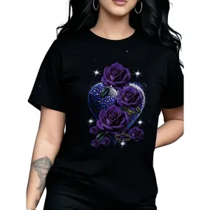 Heart Pattern Print Women's Round Neck Short Sleeve Casual T-Shirt Retro European Pattern Four Seasons Daily Wear Fit Graphic  t shirts women