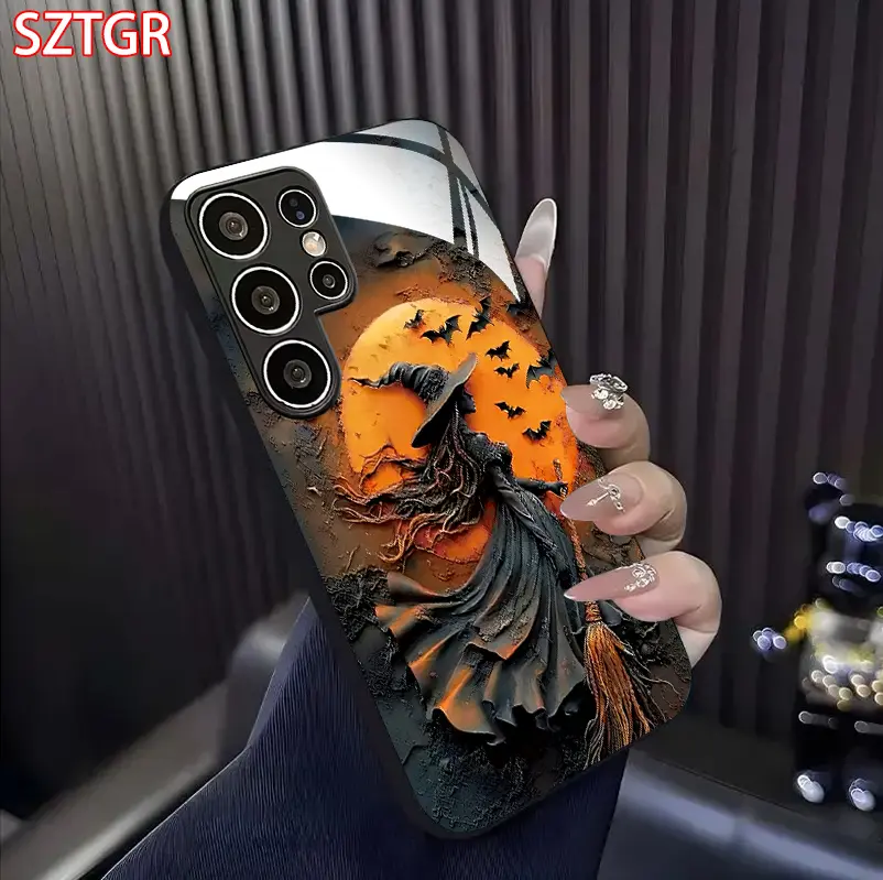 Witch Moon Phone Case Halloween Festive Aesthetic Glass Phone Case For Samsung Galaxy S22 S23 S24 S25 S26 Ultra Plus A13 A14 A15 A16 A36 A17 A34 FE A Gift For Her Elegant Phone Case Fashion Protective Case