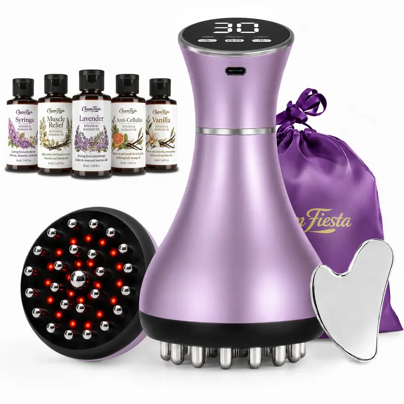Professional Handheld Massager Kit for Adults - Battery-Powered Heat Therapy Device with Batteries, 5x50ml Oils (Lavender Calm, Vanilla Warm, Muscle Relief, Syringa, Firming), Traditional Gua Sha Tool for Lymphatic Drainage & Full Body Use