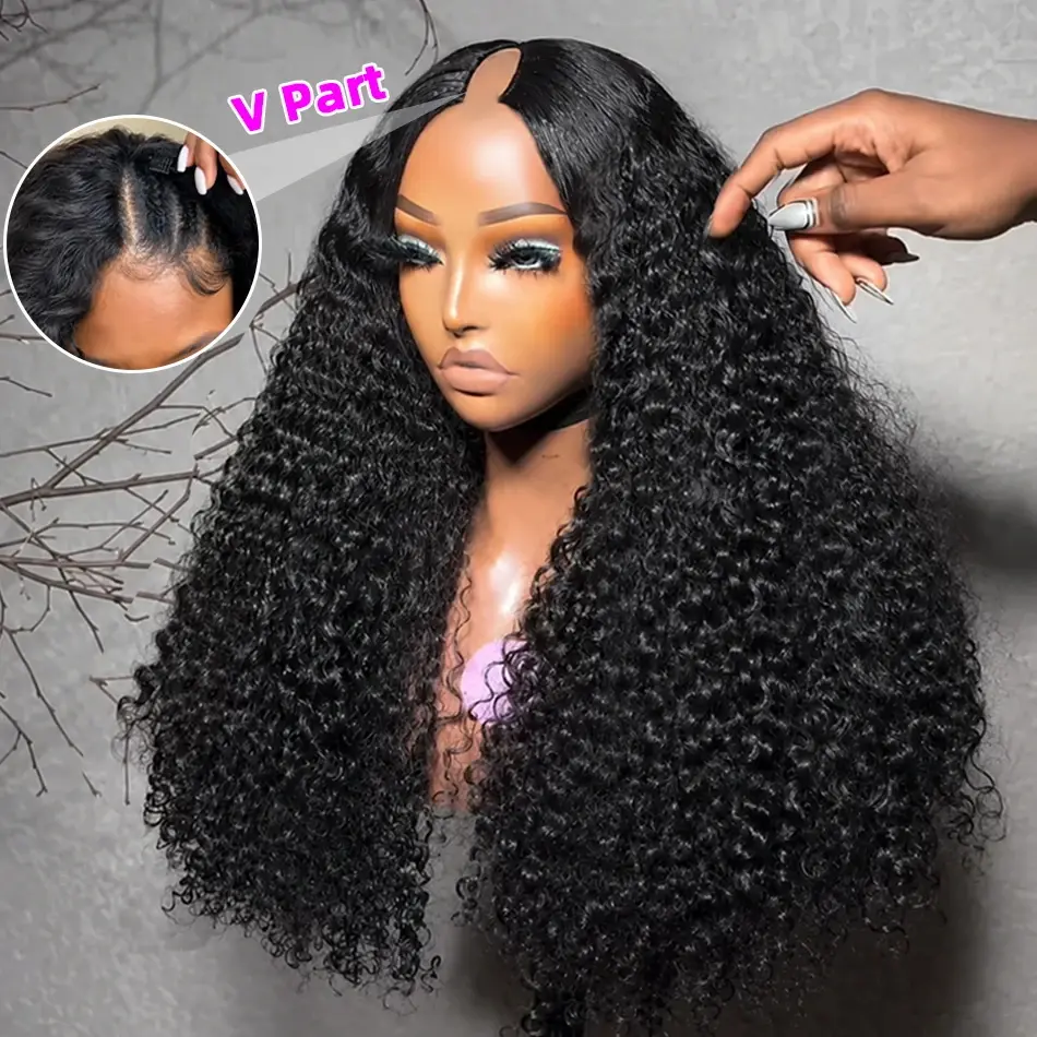 Kinky Curly Glueless V Part Wig Real Brazilian Human Hair Upgrade U Part Wig with Drawstring No Leave Out Real Scalp for Black Women Summer Wear 180% Density  Curly V Part Wigs Beginner Friendly No Sew In No Glue Vacation Daily Use#SummerWins#WeeklyDeals
