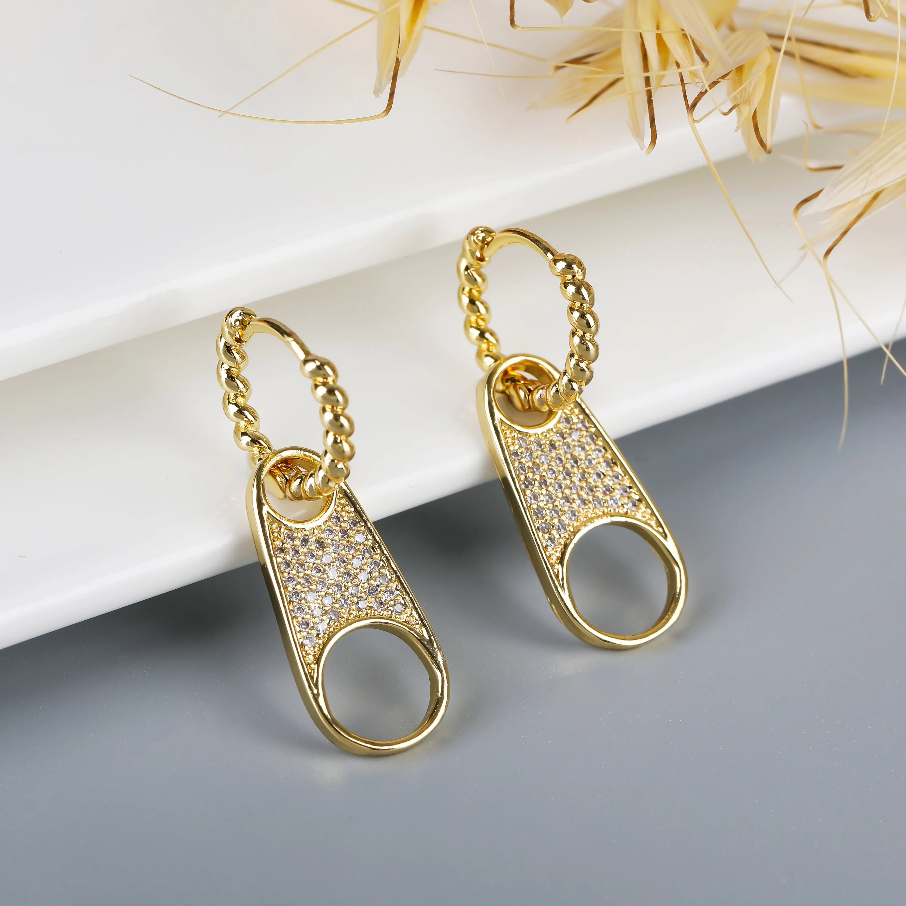 Gold Plated Micro Pave Trendy Zipper Drop Earring