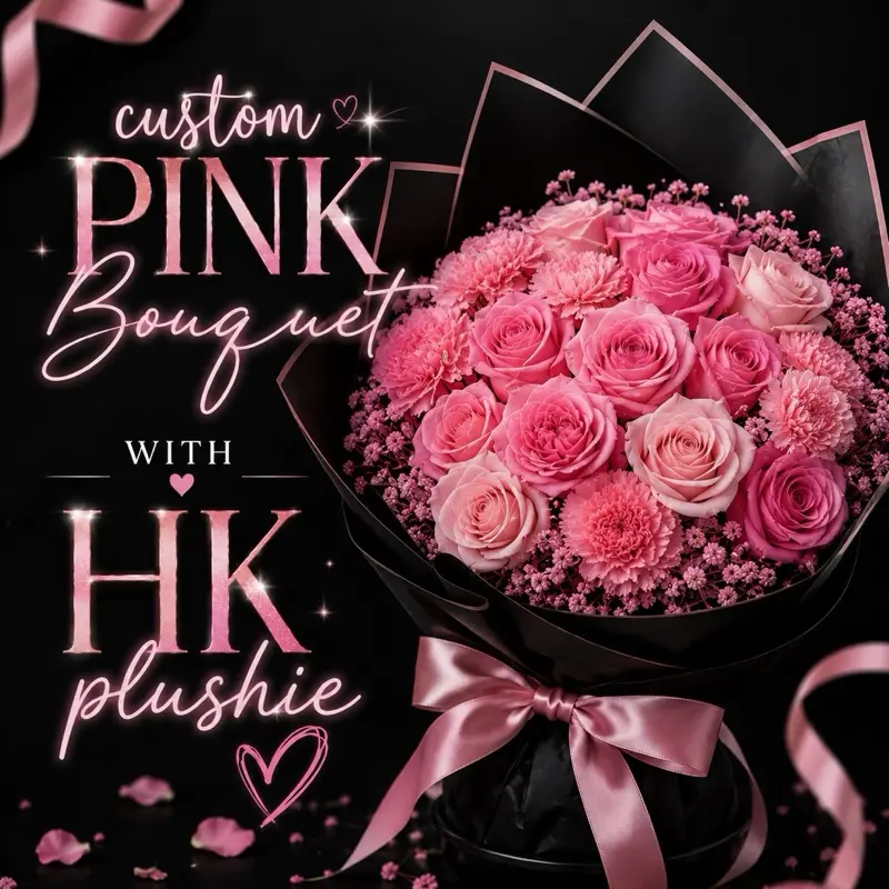 Custom Pink Eternal Rose Bouquet with HK Plushie - Home Decor Centerpiece, Ideal for Birthday, Anniversary Just Because Gifts