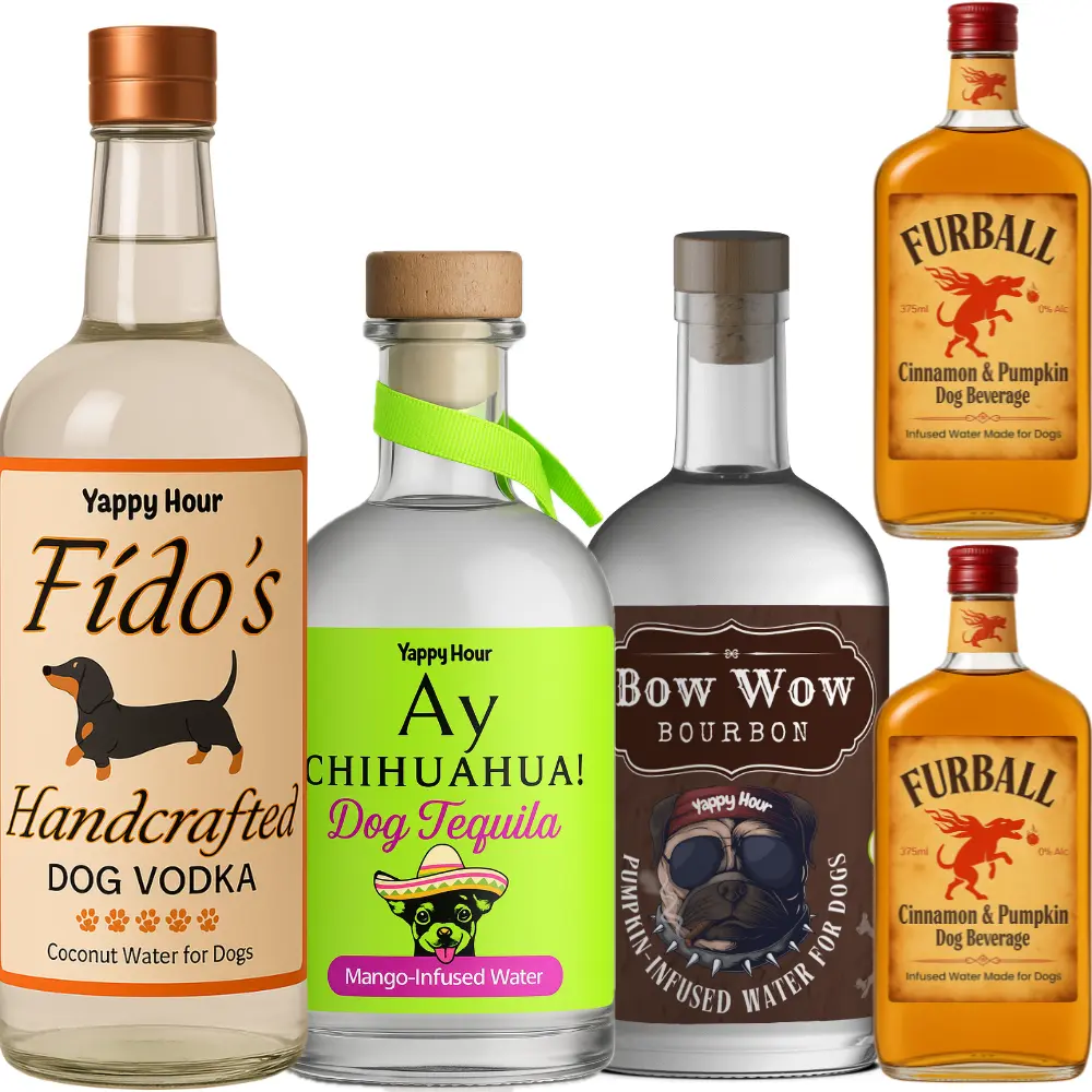 Dog Liquor Bundle by Yappy Hour | Non-Alcoholic Dog Beverage | Dog Booze | Fido's, Ay Chihuahua, Bow Wow Bourbon, Furball Minis