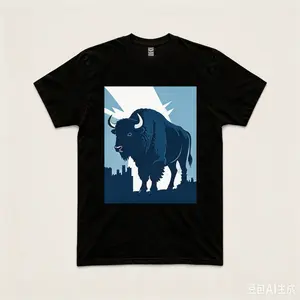 American Bison Buffalo Short-Sleeve Round Neck T-Shirt - Minimalist Blue Wildlife Nature Sporty Top, Casual Outdoor Sports Clothing