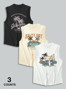 Men's Summer Casual Sleeveless Vest, Beach Coconut Tree Print, Outdoor Sports Wear, Daily Versatile Style, Get 3 Pieces Set