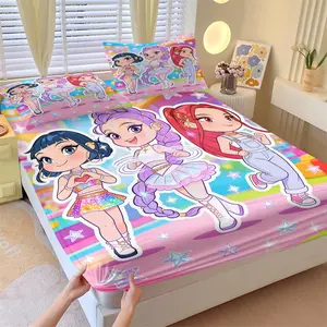 K-Pop Anime Girl Group Fitted Sheet Set, 1 Fitted Sheet & 2 Coreless Pillowcases, Rainbow Amusement Park and Cute Dressed-up Girls, Soft Breathable Fabric Bedding, Perfect Gift or Bedroom Decor
