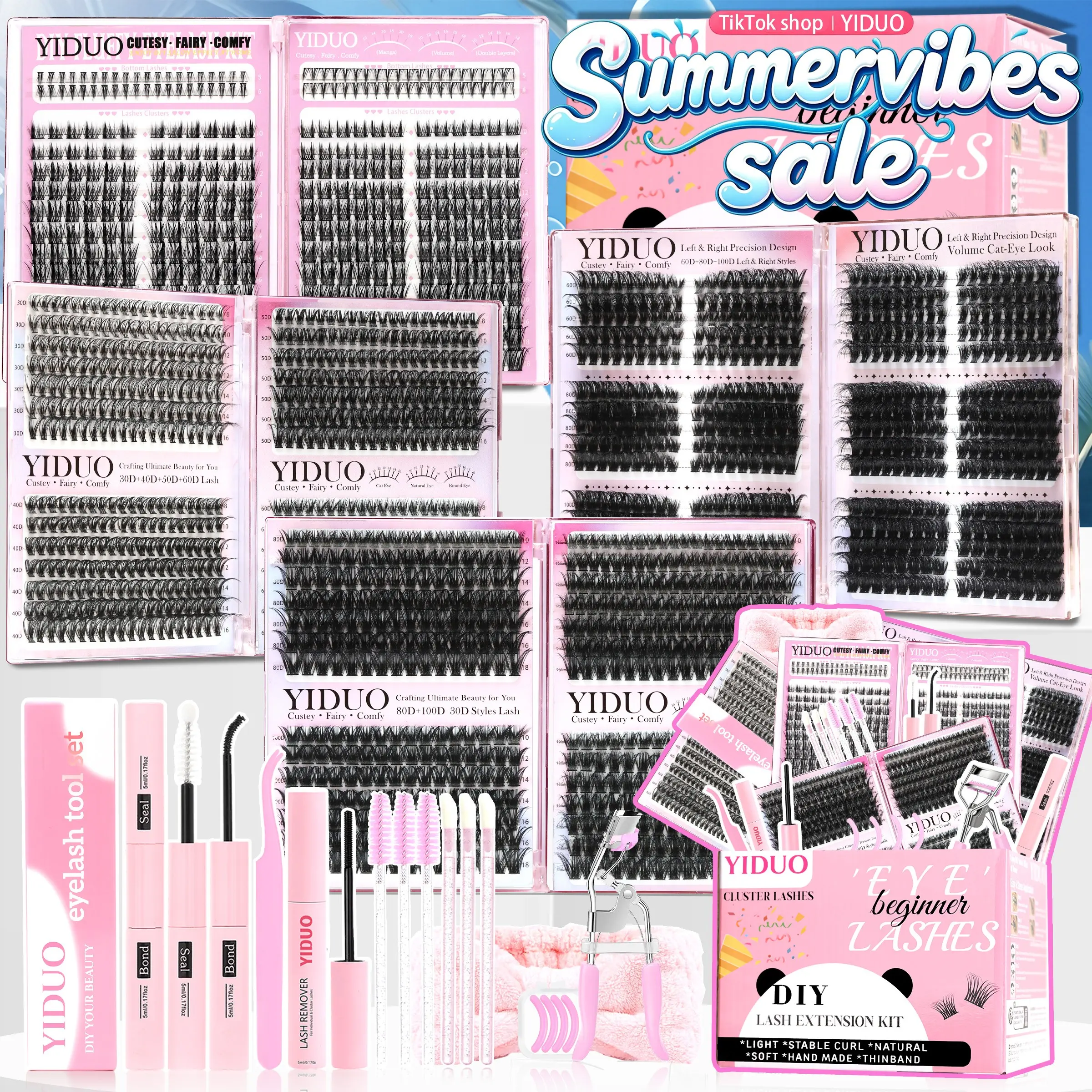 YIDUO Eyelash Cluster Set, DIY Eyelashes Clusters, Eyelash Box 30D-100D+3D Effect+Manga+Bottom 5-18mm D Curvature, With Lash Bond and Seal, Eyelash Remover, Tweezers, Curler, Brush