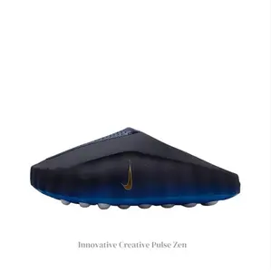 Black-Blue Gradient Mule Slides, Gold Accent, Silver-Grey Cushioning Massage Outsole, Perforated Upper, Futuristic Tech Slides