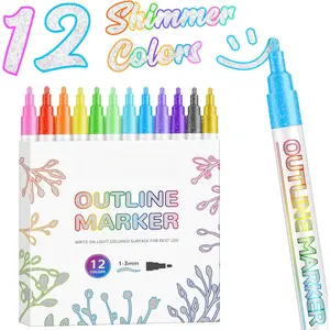 Shimmer Markers Outline Pens,12 Colors Metallic Glitter Pens Set Glitter Markers Pens Set for  Cards Lettering, Doodle Drawing Supplies Art Craft Teen Stuff Basket