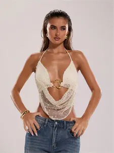 Women's Solid Color Metal Ring Short Crop Sleeveless Cami Top, Fashion Casual Tie Back Crop Top for Daily Outdoor Wear, Ladies Clothes for Summer