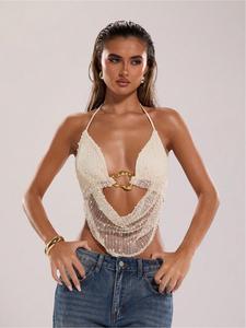 women's solid color metal ring crop cami top, fashion casual tie back crop top for daily outdoor wear, ladies clothes for summer, minimalist womenswear