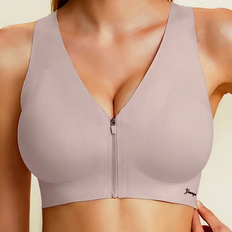 Women's Front-Zip Sports Bra, Wirefree Workout Bra, Wireless Seamless Comfort Bra with Breathable Fabric, Medium Support Wire-Free Yoga Bra for All Seasons