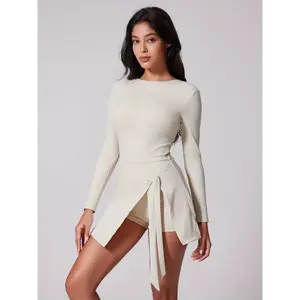 Women'S Solid Color Peplum Jumpsuit, Long Sleeve Round Neck Nylon Knit Fabric, High Stretch with Chest Pad, Cross Strape Detail, All-Season Sports Style, Brief Length with Back Cut-Out Design