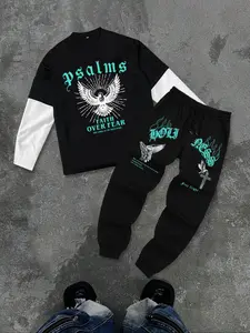 Men's Fashionable Two-Piece Set, Long Sleeve Pigeon Print Shirt & Drawstring Sports Pants, Spring & Fall Street Style