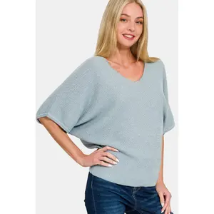 Zenana V-Neck Short Sleeve Dolman Sweater