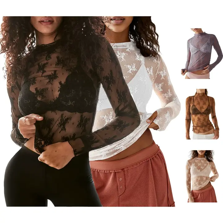 Arssm 2-Pieces Mature Lace Tops for Women's Mesh Long Sleeve Mock Neck Sheer Blouse Floral See Through Layering Top Slim Shirts Casual Chic Fitted Elegant Summer Outfit - Womenswear