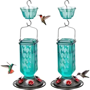 Glass Hummingbird Feeder for Outdoor Hanging, Bird Nectar Feeder with 6 Feeding Ports, Garden Decor, Ant Moat Included, Turquoise