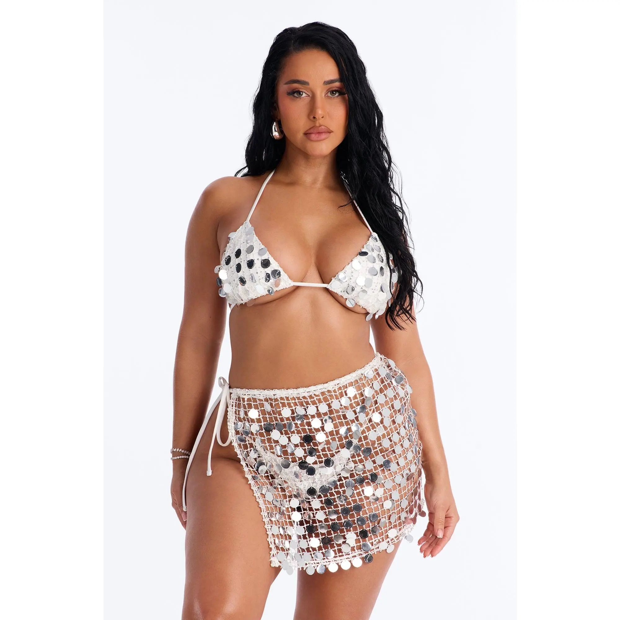 Drinks On The Beach Bikini And Coverup Skirt Set - Silver