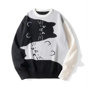 Men's Polyester Long-Sleeve Crewneck Round Neck Sweater - American Retro Old Money Style, Cute Cat Cartoon Pattern, Color Block Jacquard, Skin-Friendly Loose Pullover, Classic Knitwear Top for Jeans Pairing, Fall Day Wear Essential, Crew Neck