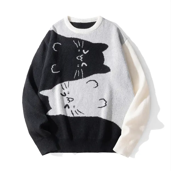 Men's Fashion Casual Long Sleeve Polyester Crewneck Sweater - American Retro Old Money Menswear, Cute Cat Cartoon Pattern, Color Block Jacquard, Skin-Friendly Loose Pullover, Classic Knitwear Top for Jeans Pairing, Fall Essential, Sweaters