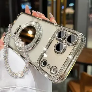 Women's Phone Case with Mirror & Stand for iPhone 12/13/14/15/16/17 Pro Max Plus Air Shiny Frame High-Definition Transparent Material Full-Body Drop-Resistant Design Smartphone Shockproof