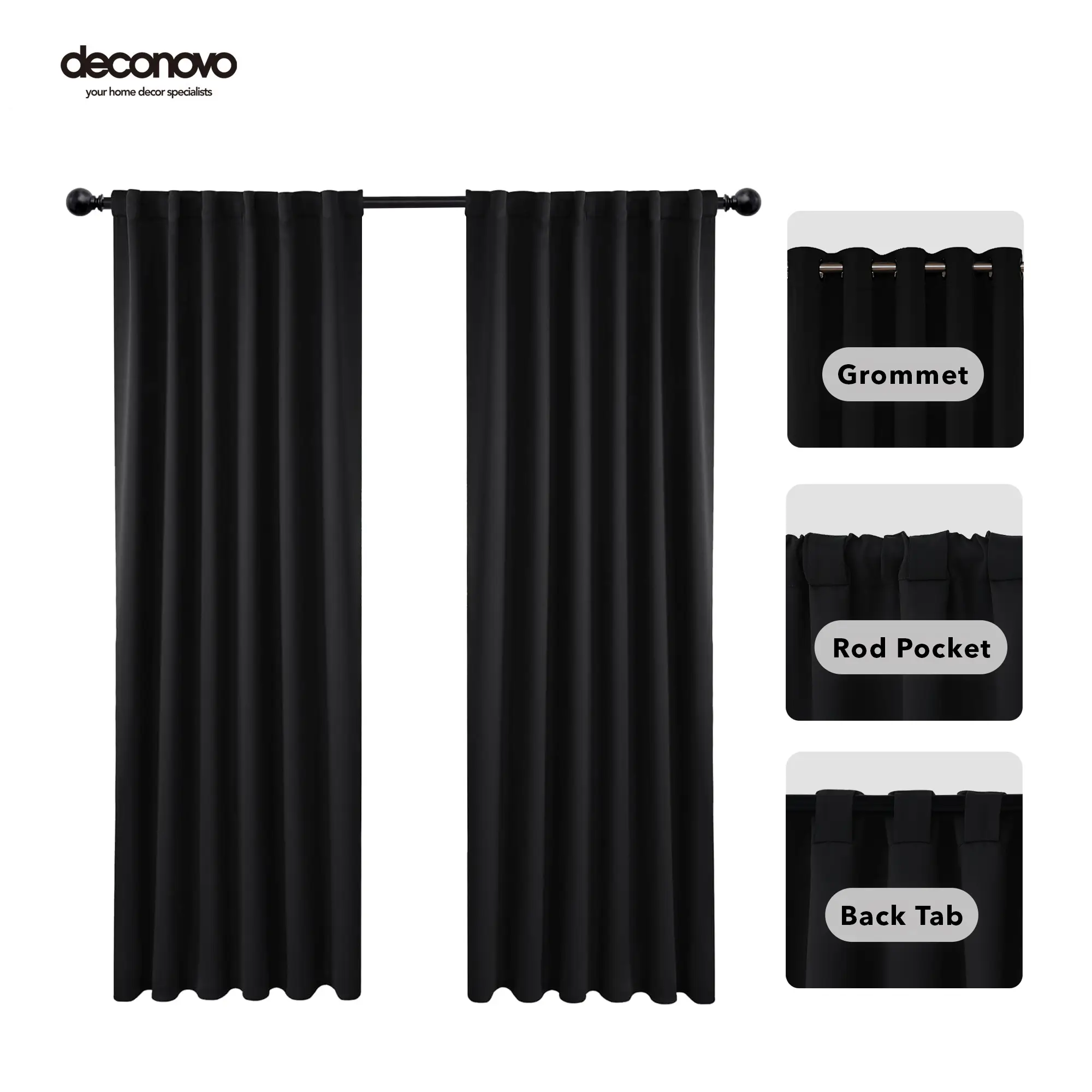 Deconovo Black Blackout Curtains (2 Panels, Grommet/Back Tab/Rod Pocket) – Thermal Insulated, Soundproof Drapes for Living Room & Bedroom