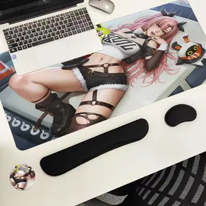 Anime Girl Pattern Mouse Pad Set, Mouse Pad & Keyboard Wrist Rest & Ergonomic Mouse Pad & Cup-Coaster Set, Ergonomic Wrist Support for Home Office Gaming