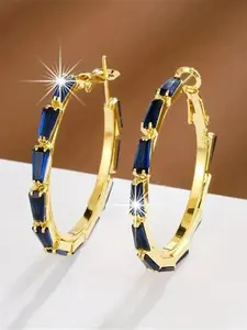 Trendy Synthetic Crystal Blue Zirconia Stone Hoop Earrings For Women Vintage Gold Color Wedding Jewelry Statement Earrings
