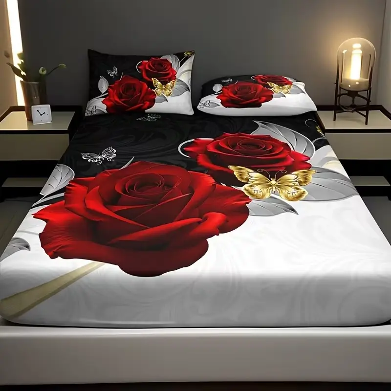 Luxurious Style 3pcs Rose Floral Pattern Cozy Bedding Set, High-Definition Digital Print, 100% Polyester, All Seasons, Decorative Bedsheet Sets, Decorative Bedding Set, Bedroom Bedding Set, Bed Sheets Set