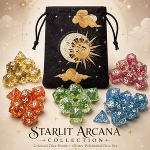 35PCS Celestial Glitter Polyhedral Dice Set with Moon Sun Dice Bag for DND RPG Tabletop Board Games Fantasy Gift